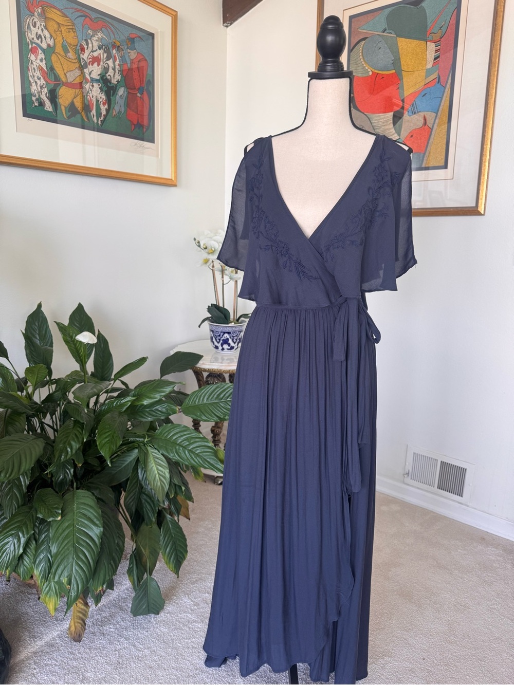 Free People Navy Wrap Maxi Dress with Embroidered Detail